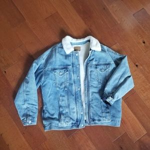 Fur lined Denim Jean Jacket oversized light blue